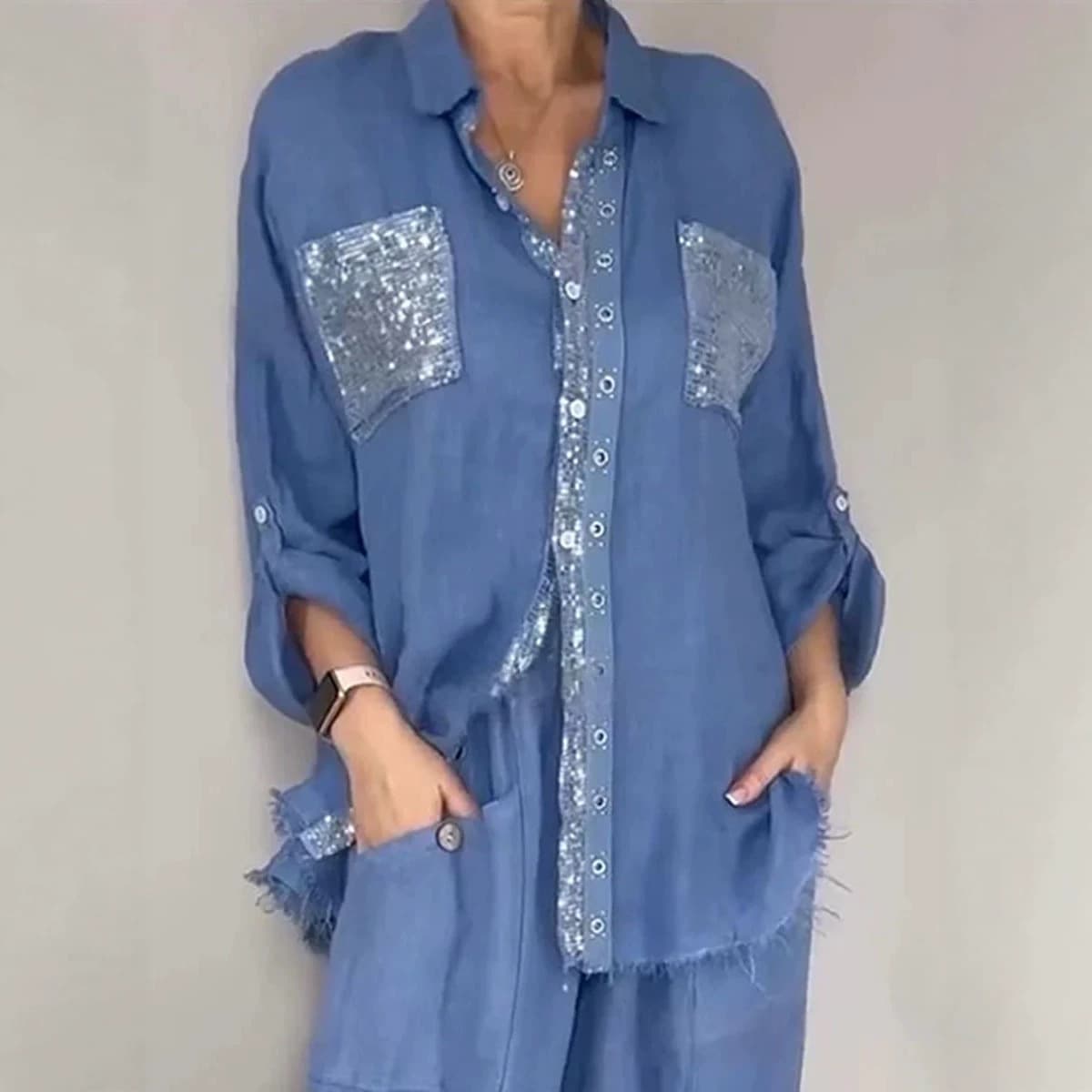 Womens Fashionable Casual Set With Pockets And Gold-Embossed Placket Ladies Round-Neck Suit